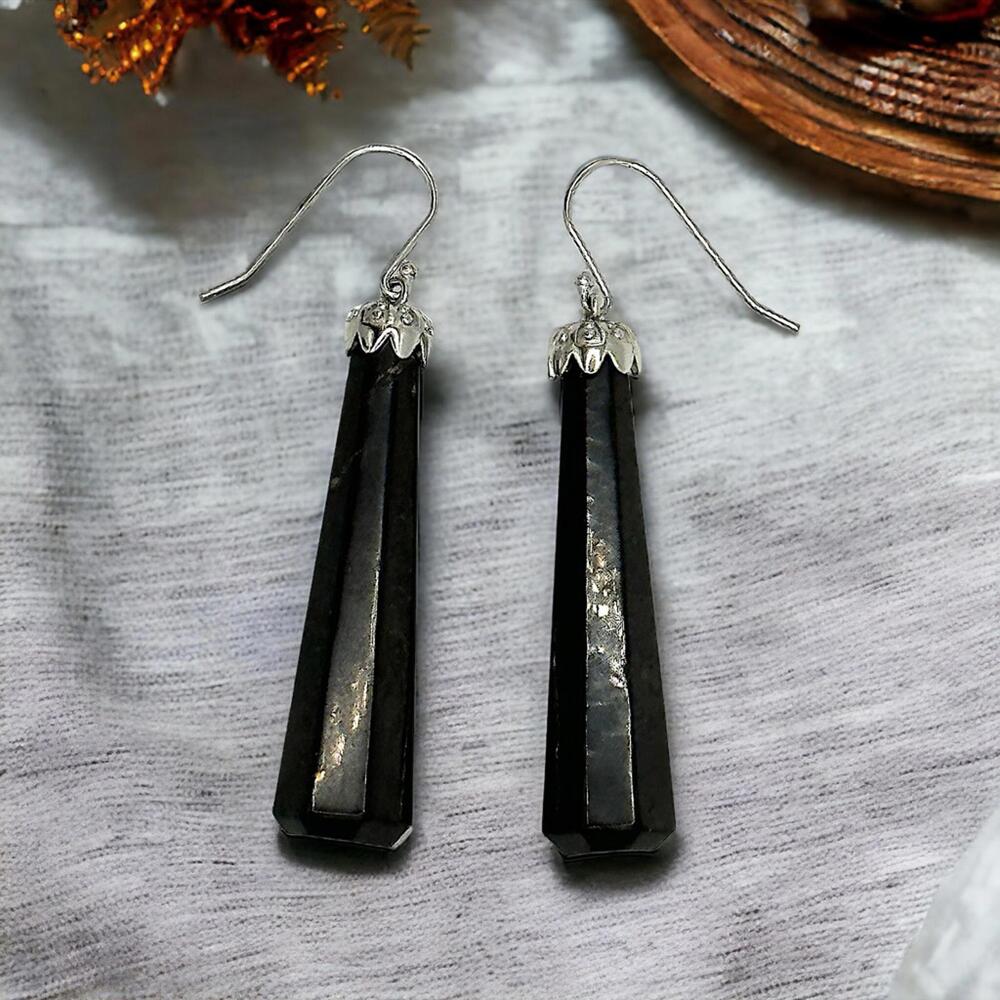 NEW Rare Black Shungite Faceted Drop Earrings with Silver Hooks